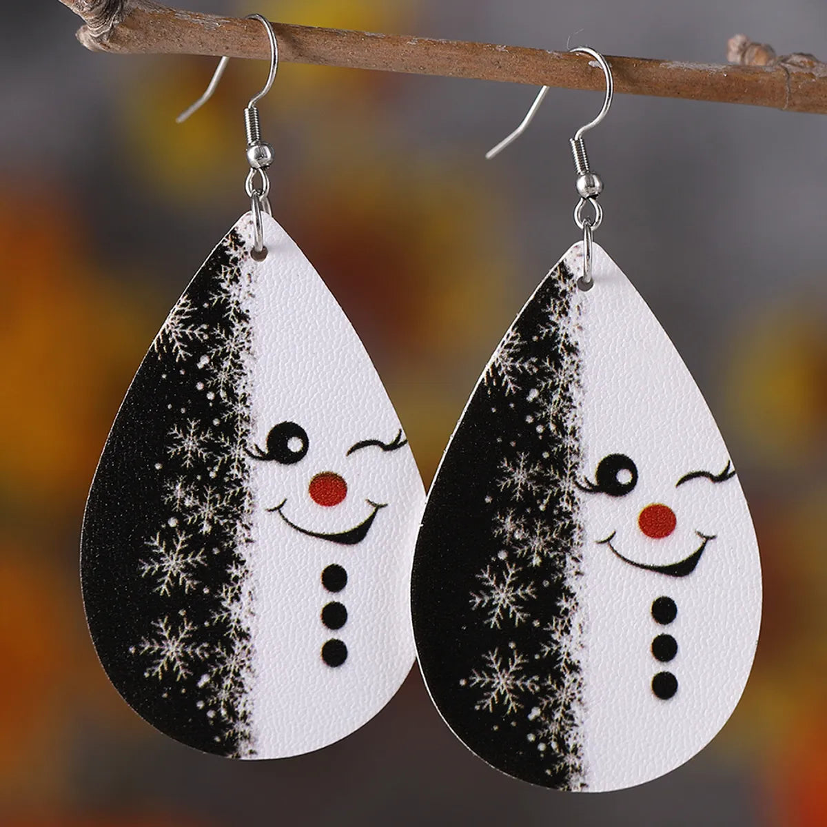 1 Pair Retro Water Droplets Printing Pu Leather Drop Earrings