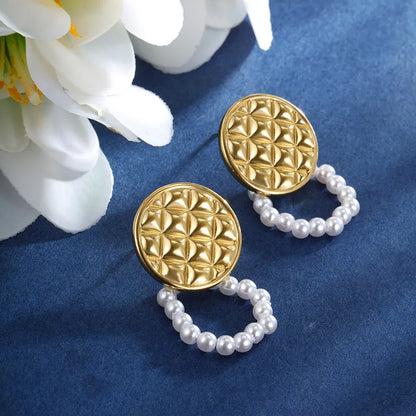 1 Pair Retro XUPING Simple Style Geometric Round Flower Pearl Hollow Out Inlay 304 Stainless Steel Artificial Gemstones 18K Gold Plated Drop Earrings Ear Studs