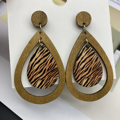 1 Pair Retro Zebra Water Droplets Leopard Wood Drop Earrings