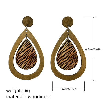 1 Pair Retro Zebra Water Droplets Leopard Wood Drop Earrings