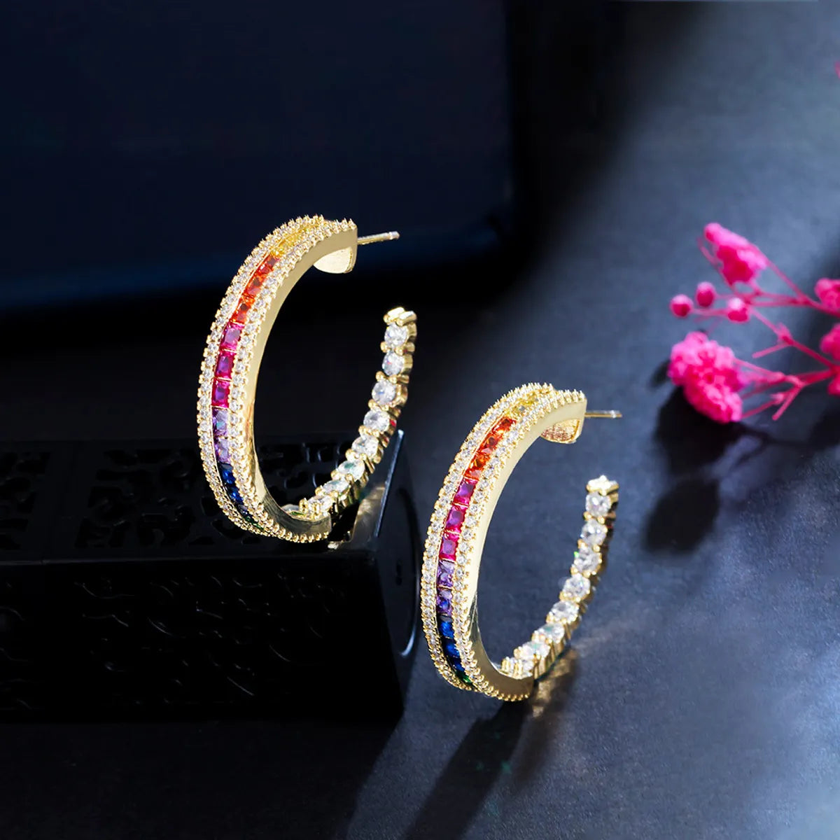 1 Pair Rock Ethnic Style Semicircle Plating Inlay Copper Zircon 14k Gold Plated Rhodium Plated Ear Studs