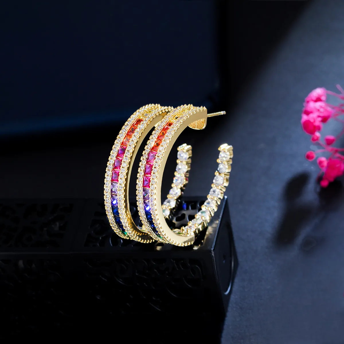 1 Pair Rock Ethnic Style Semicircle Plating Inlay Copper Zircon 14k Gold Plated Rhodium Plated Ear Studs