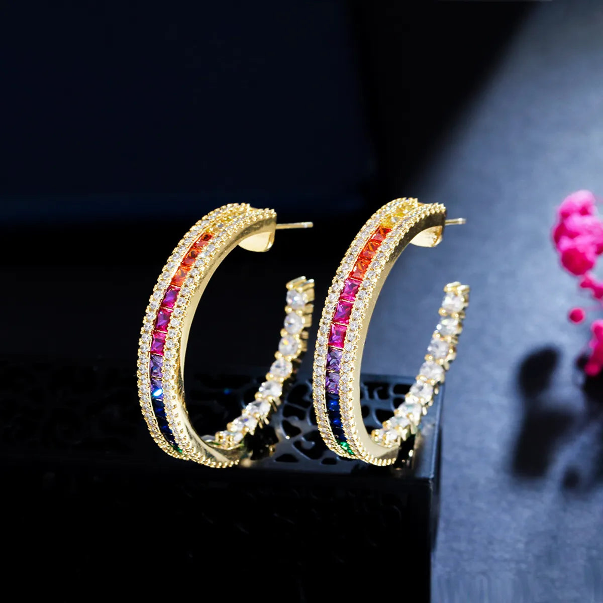 1 Pair Rock Ethnic Style Semicircle Plating Inlay Copper Zircon 14k Gold Plated Rhodium Plated Ear Studs