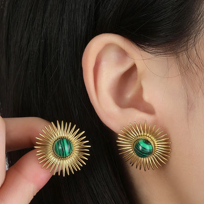 1 Pair Roman Style Sun Plating Inlay Titanium Steel Natural Stone 18k Gold Plated Ear Studs