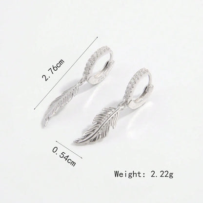 1 Pair Romantic Classic Style Shiny Feather Plating Sterling Silver Zircon White Gold Plated Earrings