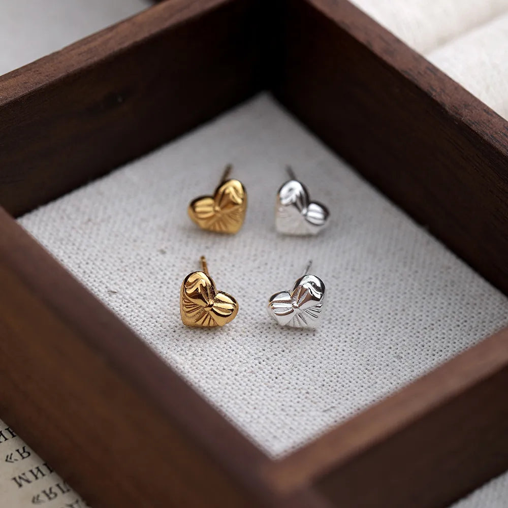 1 Pair Romantic Heart Shape Bow Knot Sterling Silver Ear Studs