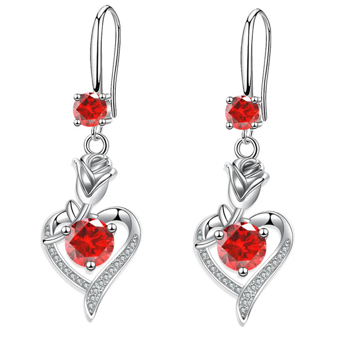 1 Pair Romantic Heart Shape Rose Copper Inlay Zircon Drop Earrings