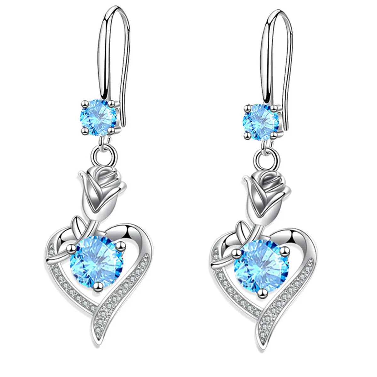 1 Pair Romantic Heart Shape Rose Copper Inlay Zircon Drop Earrings