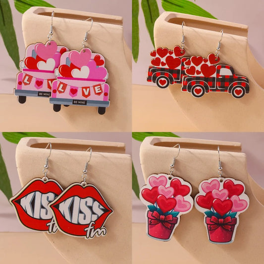 1 Pair Romantic Lips Car Heart Shape Alloy Wood Drop Earrings