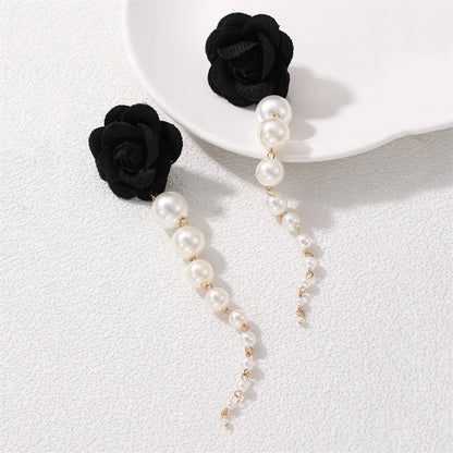 1 Pair Romantic Rose Alloy Cloth Drop Earrings