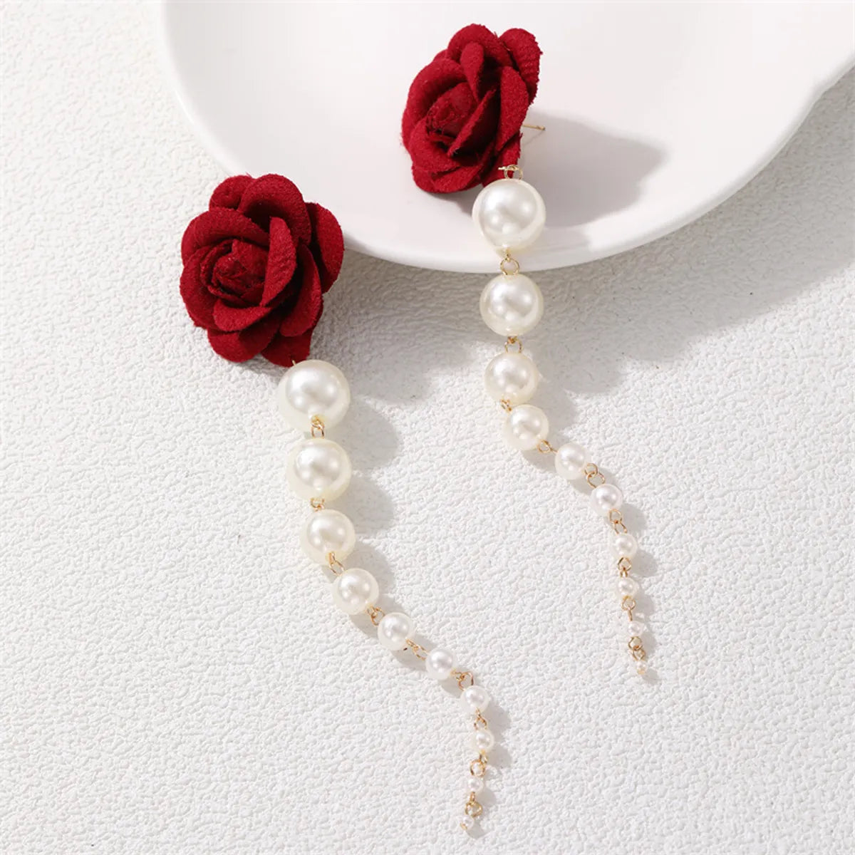 1 Pair Romantic Rose Alloy Cloth Drop Earrings