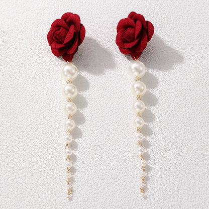 1 Pair Romantic Rose Alloy Cloth Drop Earrings