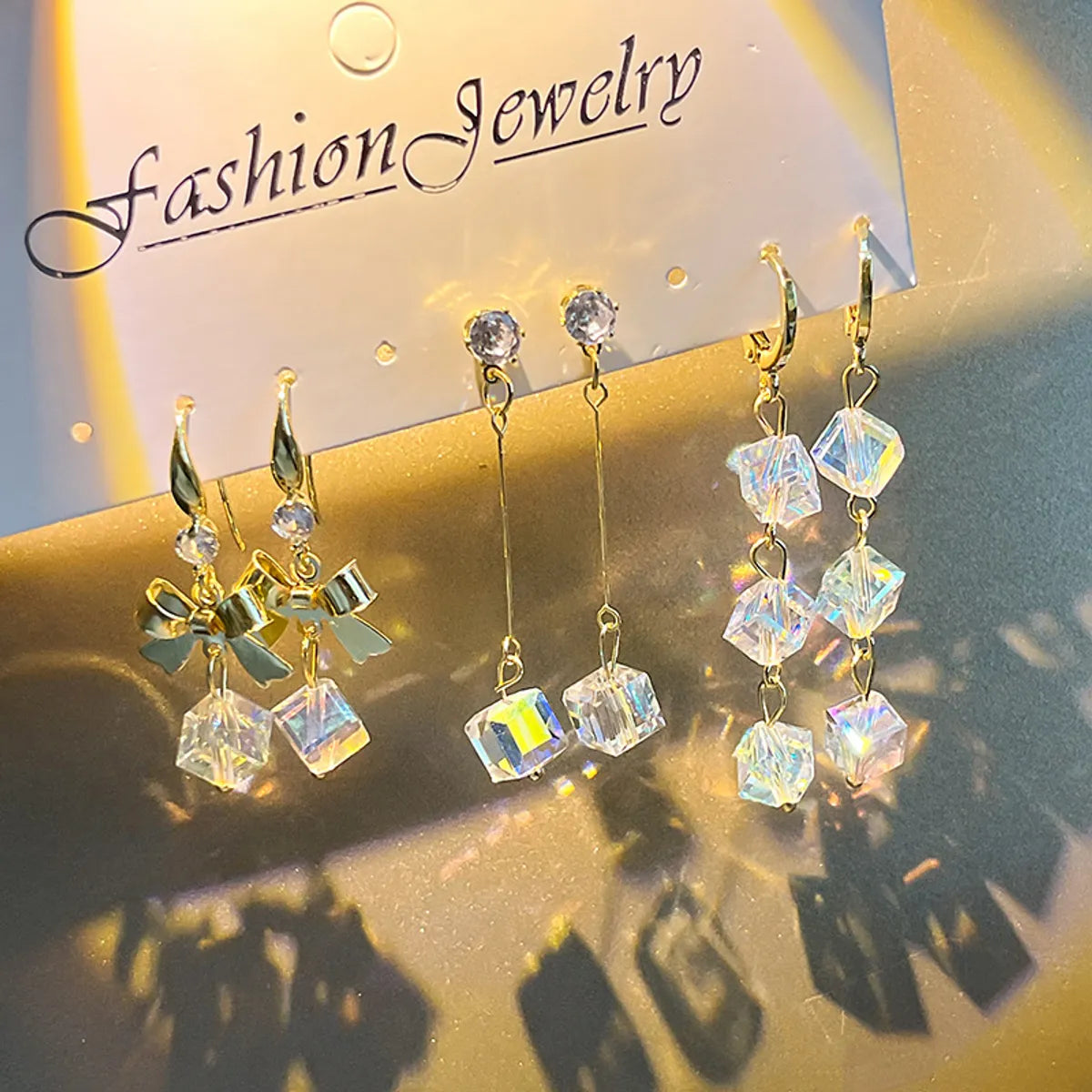 1 Pair Romantic Shiny Square Bow Knot Plating Alloy Artificial Crystal Drop Earrings