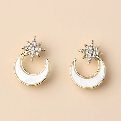 1 Pair Romantic Shiny Star Moon Inlay Alloy Rhinestones Gold Plated Ear Studs