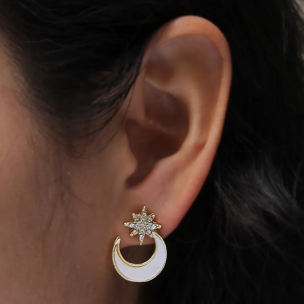 1 Pair Romantic Shiny Star Moon Inlay Alloy Rhinestones Gold Plated Ear Studs