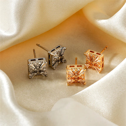 1 Pair Romantic Simple Style Shiny Four Leaf Clover Square Inlay Copper Zircon K Gold Plated Rhodium Plated Ear Studs