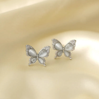 1 Pair Romantic Sweet Artistic Butterfly Plating Inlay Copper Opal Zircon White Gold Plated Ear Studs