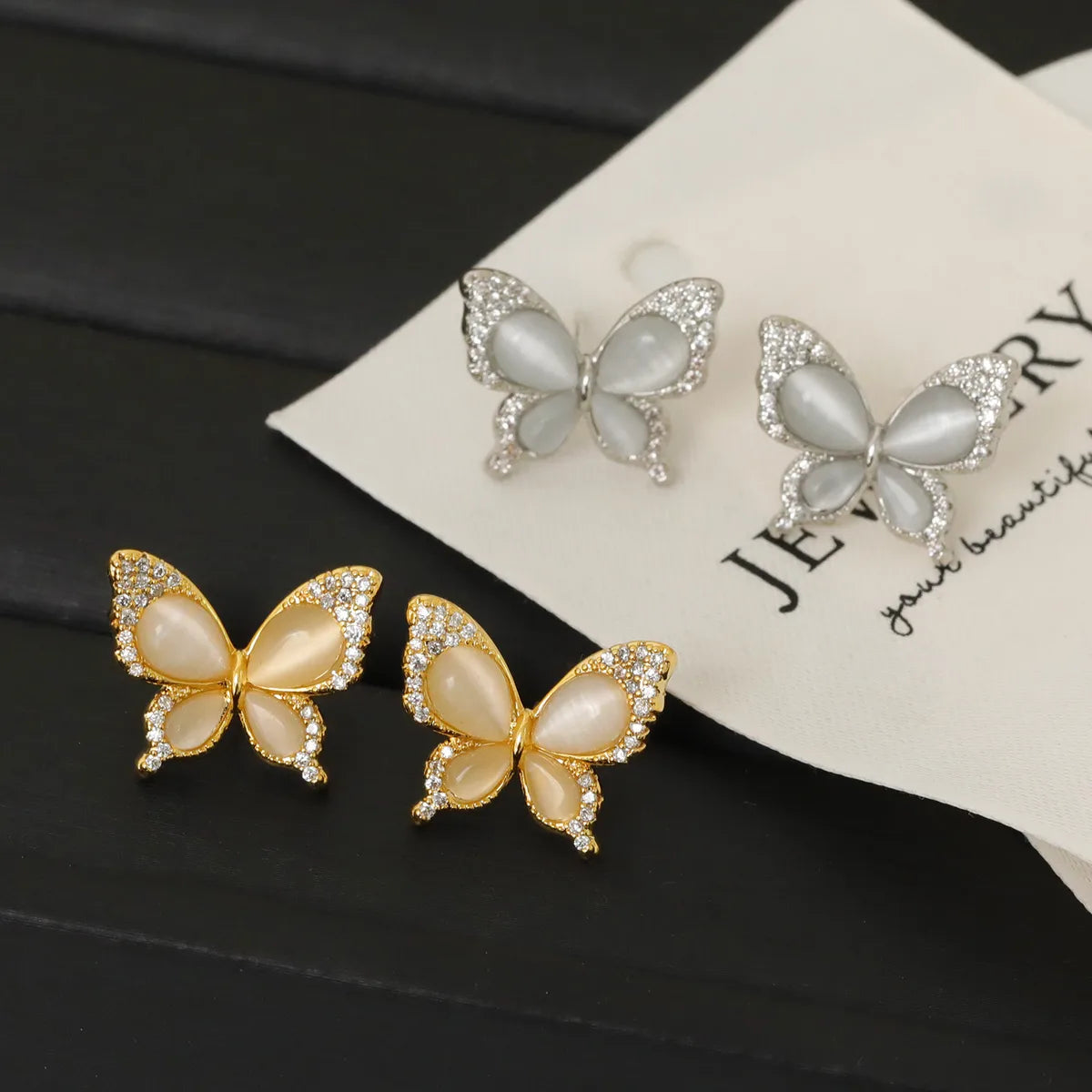 1 Pair Romantic Sweet Artistic Butterfly Plating Inlay Copper Opal Zircon White Gold Plated Ear Studs