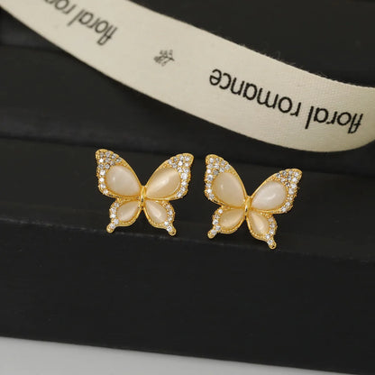 1 Pair Romantic Sweet Artistic Butterfly Plating Inlay Copper Opal Zircon White Gold Plated Ear Studs