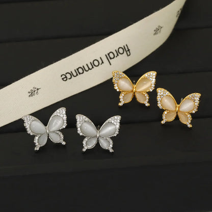 1 Pair Romantic Sweet Artistic Butterfly Plating Inlay Copper Opal Zircon White Gold Plated Ear Studs