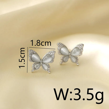 1 Pair Romantic Sweet Artistic Butterfly Plating Inlay Copper Opal Zircon White Gold Plated Ear Studs