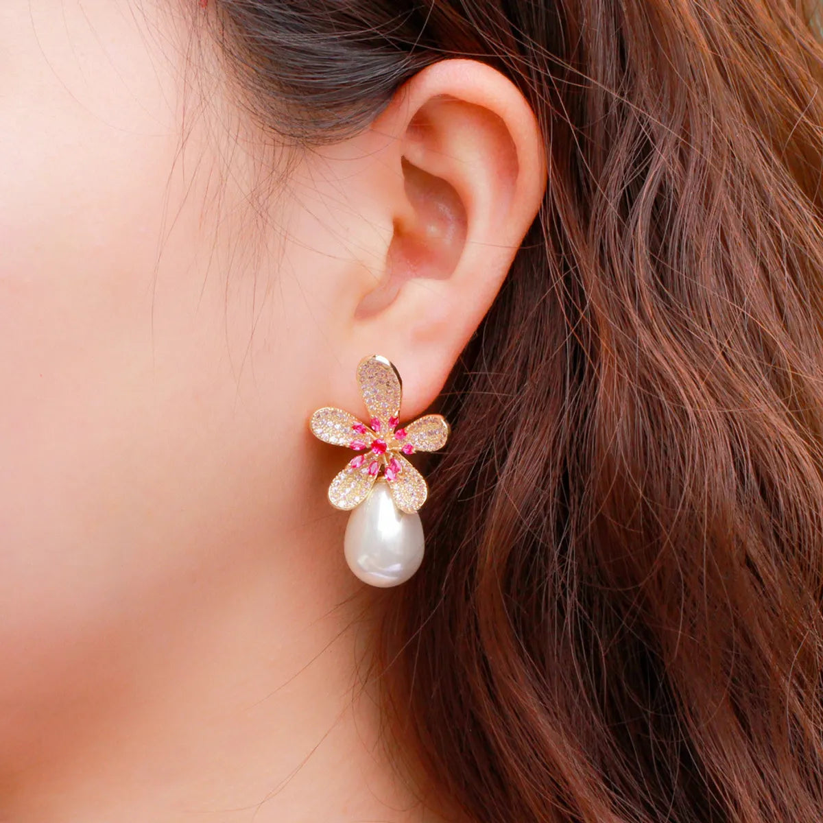 1 Pair Romantic Sweet Flower Plating Inlay Copper Pearl Zircon Rhodium Plated Silver Plated Drop Earrings