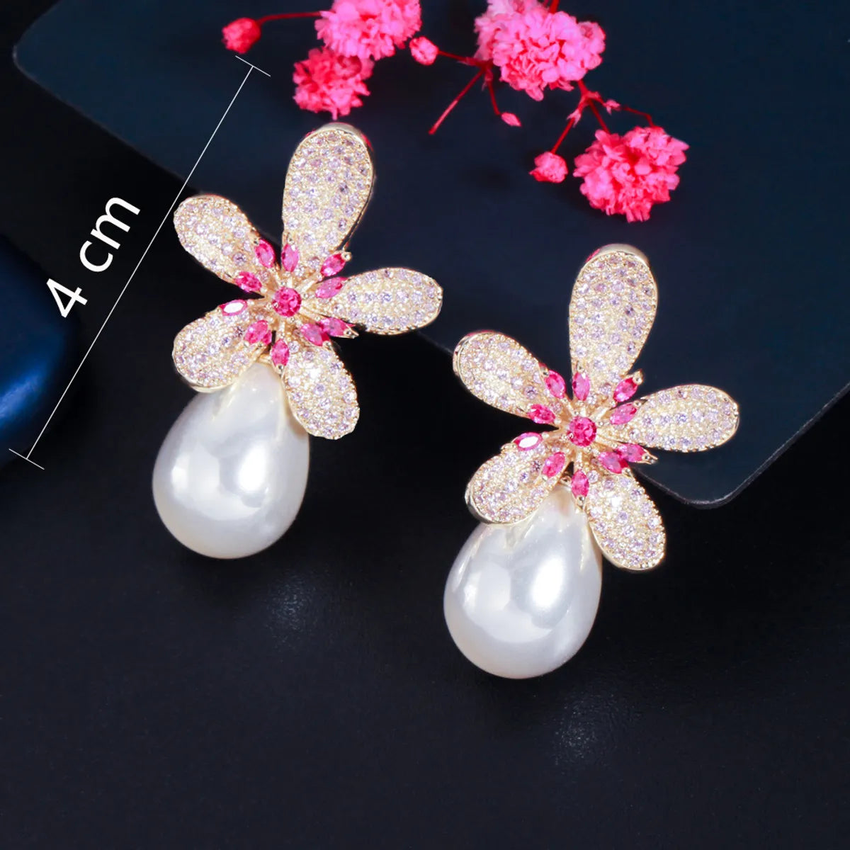 1 Pair Romantic Sweet Flower Plating Inlay Copper Pearl Zircon Rhodium Plated Silver Plated Drop Earrings