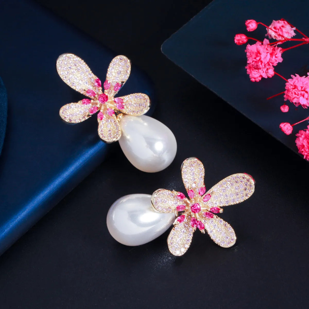 1 Pair Romantic Sweet Flower Plating Inlay Copper Pearl Zircon Rhodium Plated Silver Plated Drop Earrings