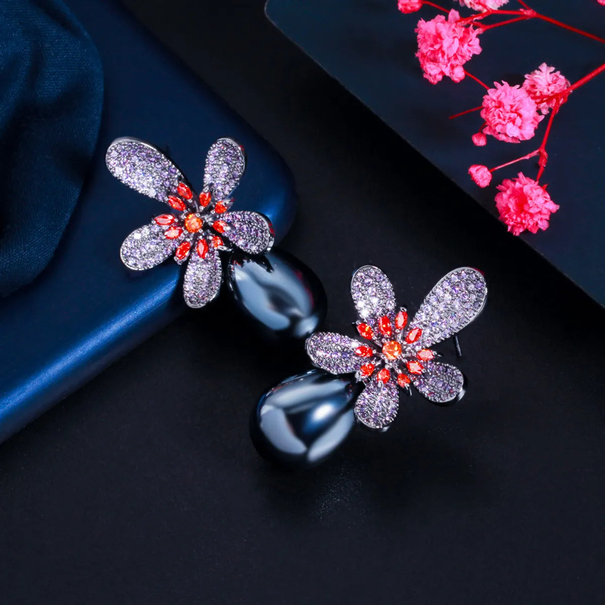 1 Pair Romantic Sweet Flower Plating Inlay Copper Pearl Zircon Rhodium Plated Silver Plated Drop Earrings