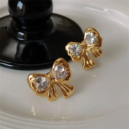 1 Pair Romantic Sweet Shiny Bow Knot Inlay 304 Stainless Steel Artificial Gemstones Ear Studs