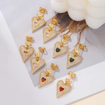 1 Pair Romantic Sweet Simple Style Heart Shape Plating Inlay Alloy Zircon 18k Gold Plated Drop Earrings