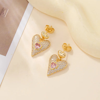 1 Pair Romantic Sweet Simple Style Heart Shape Plating Inlay Alloy Zircon 18k Gold Plated Drop Earrings