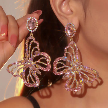 1 Pair Shiny Butterfly Inlay Alloy Rhinestones Zircon Drop Earrings