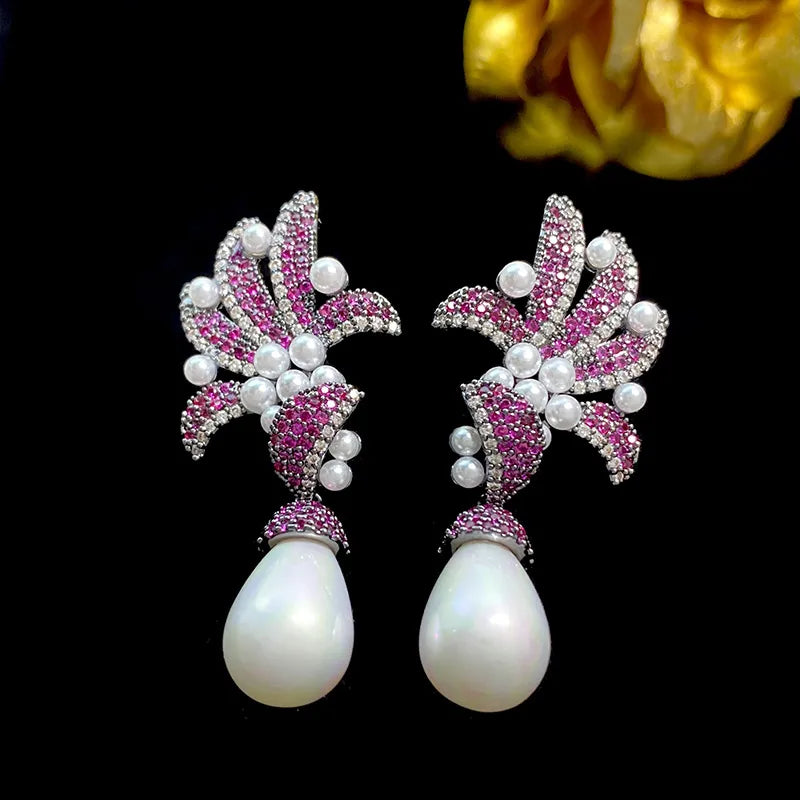 1 Pair Shiny Flower Inlay Copper Artificial Pearls Zircon Drop Earrings