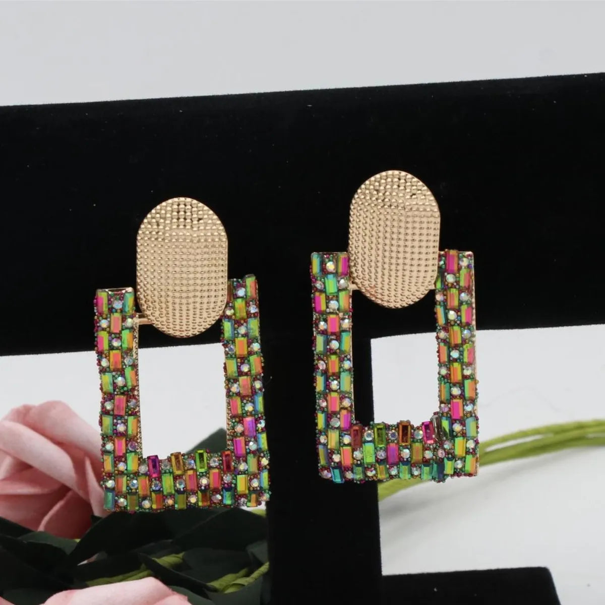 1 Pair Shiny Geometric Hollow Out Inlay Alloy Zircon Drop Earrings