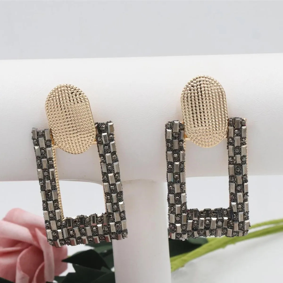 1 Pair Shiny Geometric Hollow Out Inlay Alloy Zircon Drop Earrings