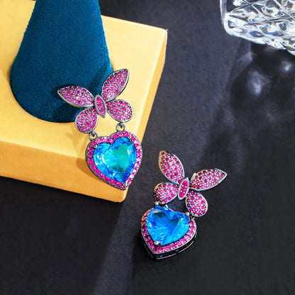 1 Pair Shiny Heart Shape Butterfly Plating Inlay Copper Zircon Gold Plated Rhodium Plated Drop Earrings