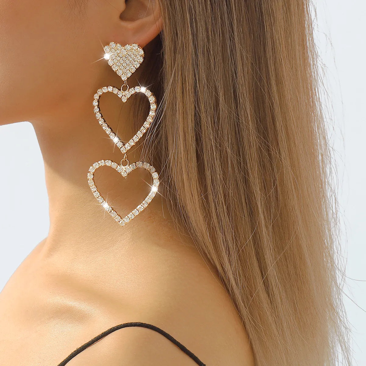 1 Pair Shiny Heart Shape Hollow Out Inlay Alloy Rhinestones Drop Earrings