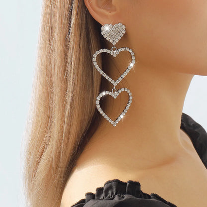 1 Pair Shiny Heart Shape Hollow Out Inlay Alloy Rhinestones Drop Earrings