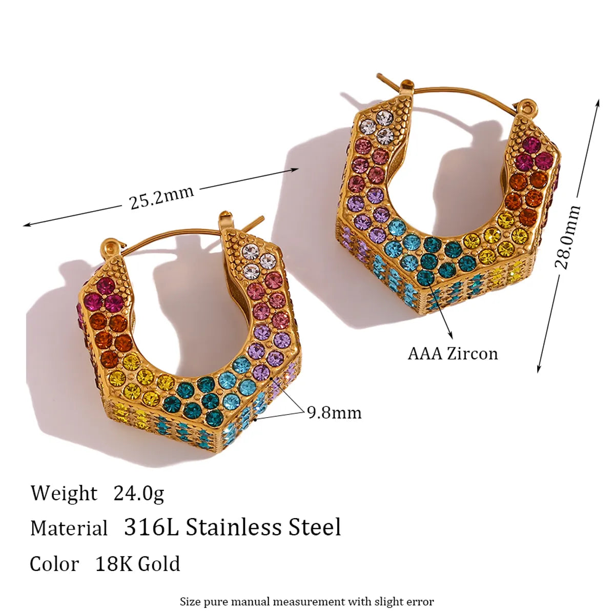 1 Pair Shiny Hexagon Plating Inlay 304 Stainless Steel Zircon 18K Gold Plated Hoop Earrings