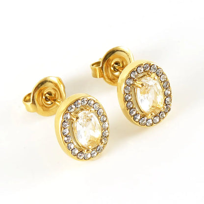 1 Pair Shiny Oval Stainless Steel Inlay Zircon 18k Gold Plated Ear Studs