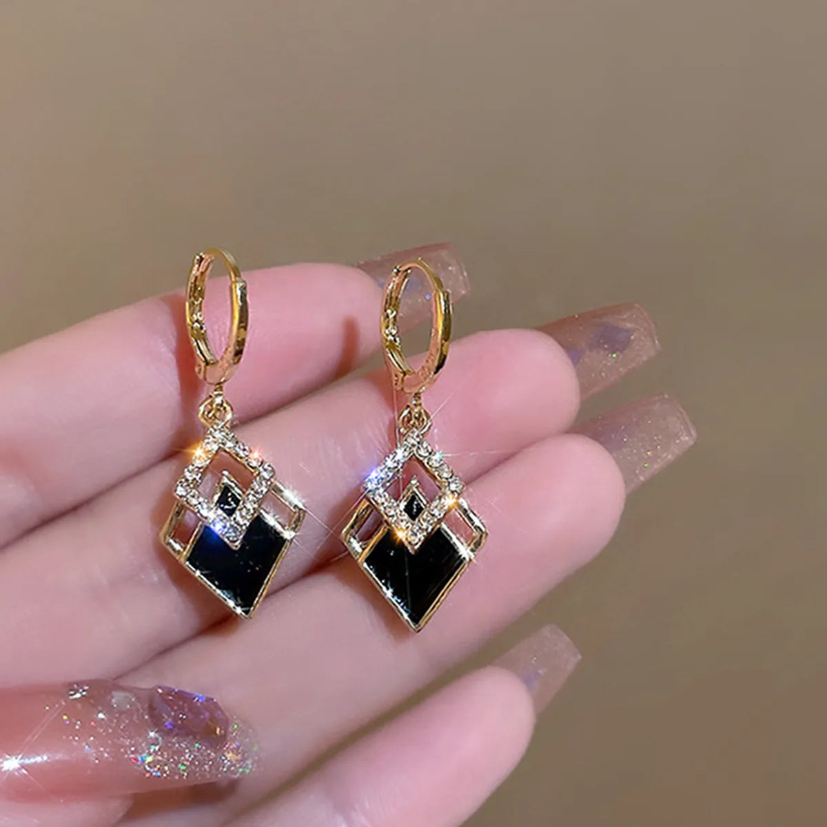 1 Pair Shiny Rhombus Stainless Steel Inlay Zircon Drop Earrings