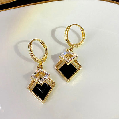 1 Pair Shiny Rhombus Stainless Steel Inlay Zircon Drop Earrings