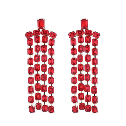 1 Pair Shiny Tassel Inlay Alloy Rhinestones Drop Earrings