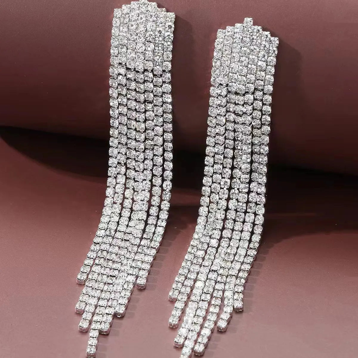 1 Pair Shiny Tassel Inlay Metal Rhinestones Drop Earrings