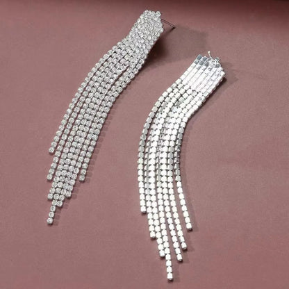 1 Pair Shiny Tassel Inlay Metal Rhinestones Drop Earrings