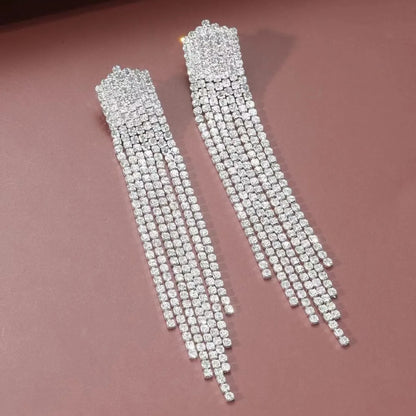 1 Pair Shiny Tassel Inlay Metal Rhinestones Drop Earrings