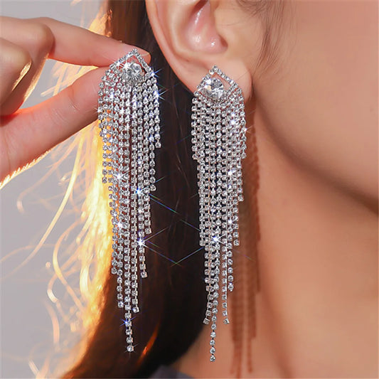 1 Pair Shiny Tassel Plating Inlay Copper Rhinestones Silver Plated Drop Earrings