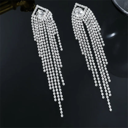 1 Pair Shiny Tassel Plating Inlay Copper Rhinestones Silver Plated Drop Earrings