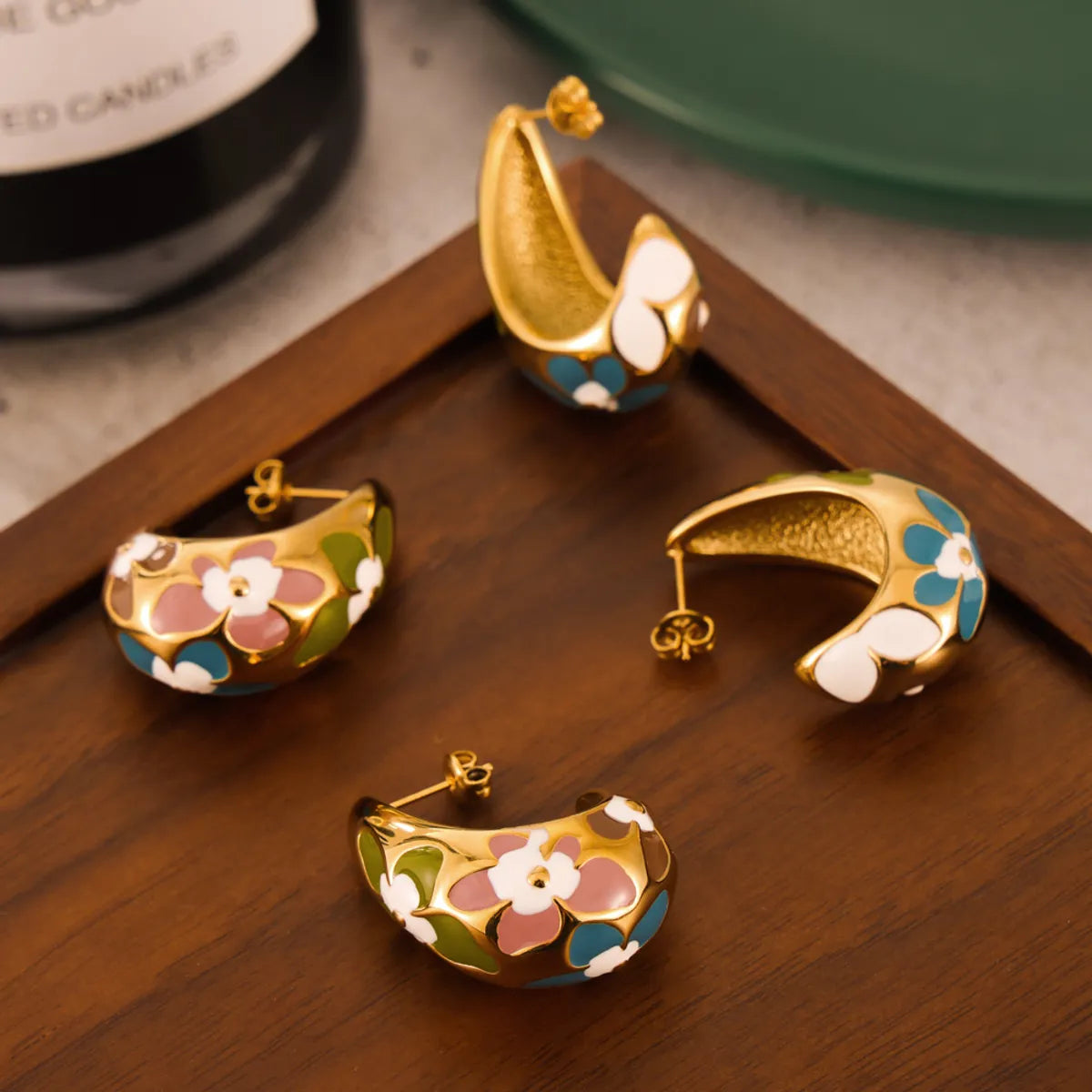 1 Pair Simple Style Artistic Korean Style Water Droplets Flower Petal Enamel Plating 304 Stainless Steel 18K Gold Plated Ear Studs